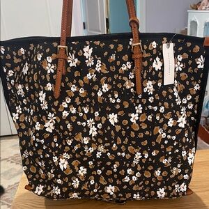Anthropologie Black and Brown Floral Tote with Brown Straps